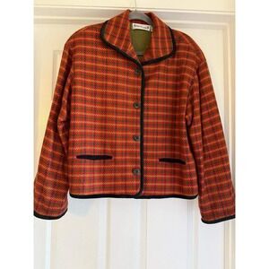 VTG Anne Klein II Wool Cashmere Houndstooth Jacket Red Green‎ Plaid Trim Large